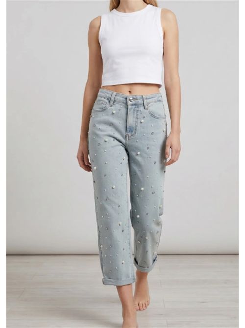 Pantalone Jeans Boyfriend Fit Denim Chiaro con Perle  Vita Media - Stile Casual Glam Met Met | M12 RENZA T1L934V.UNICA